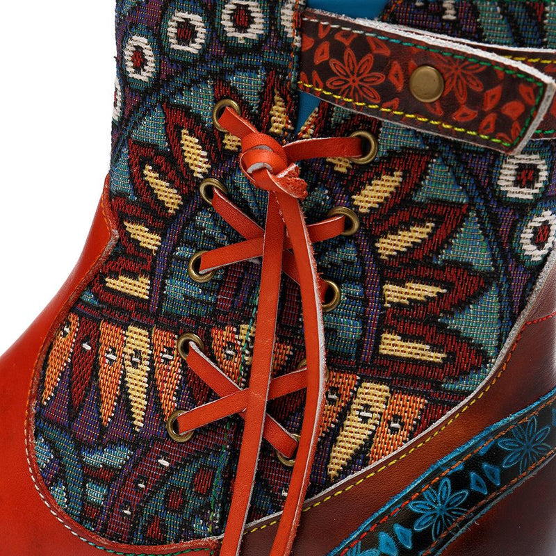 Women colorful flower embroidery patchwork short low heel boots