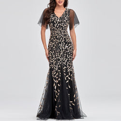 Women's Illusion Embroidery Black Gold Elegant Mermaid Evening Party Dress | Ruffles Sleeves V-neck Dress