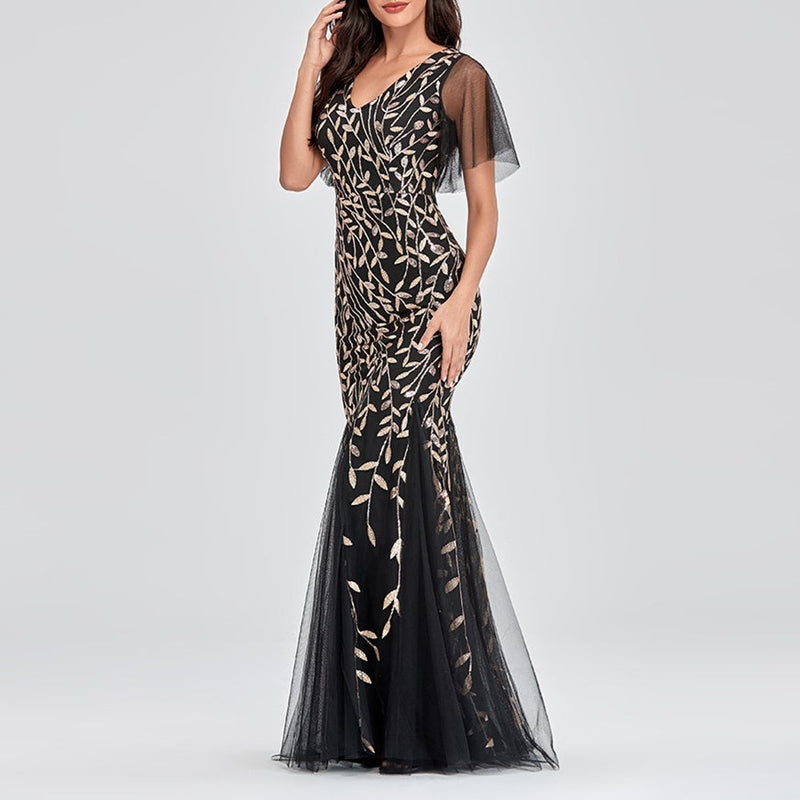 Women's Illusion Embroidery Black Gold Elegant Mermaid Evening Party Dress | Ruffles Sleeves V-neck Dress