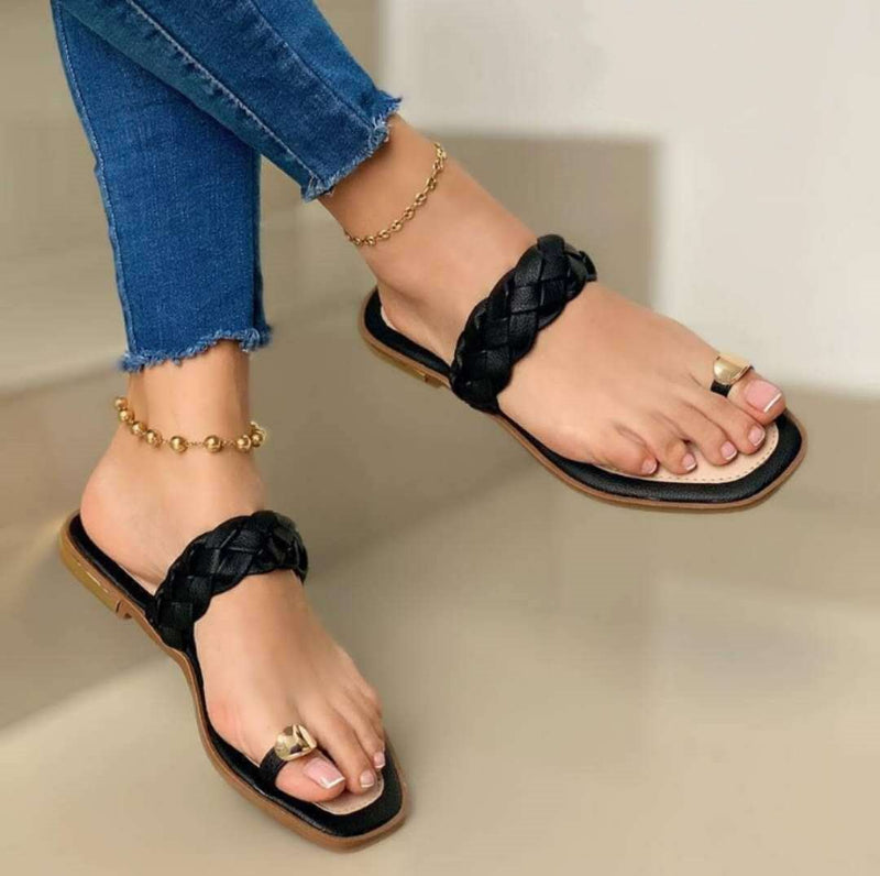 Women's woven ring toe slip on beach sandals