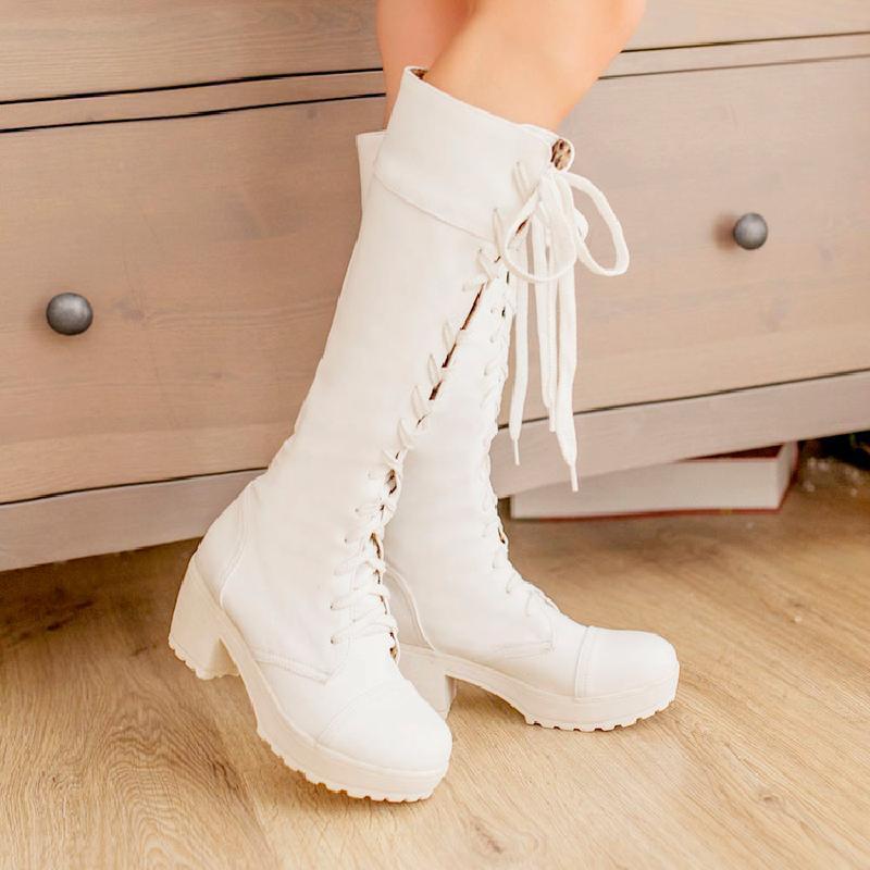 England style lace-up tall boots for women | Block heel cosplay knight boots