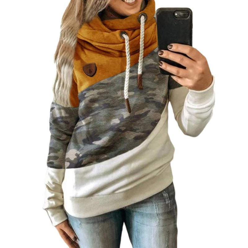 Women Camouflage Trendy Color Block Long Sleeve Turtleneck Hoodie Sweatshirt