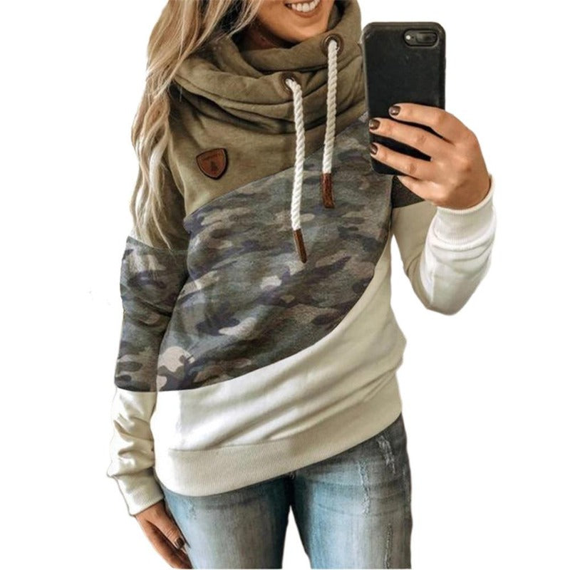 Women Camouflage Trendy Color Block Long Sleeve Turtleneck Hoodie Sweatshirt