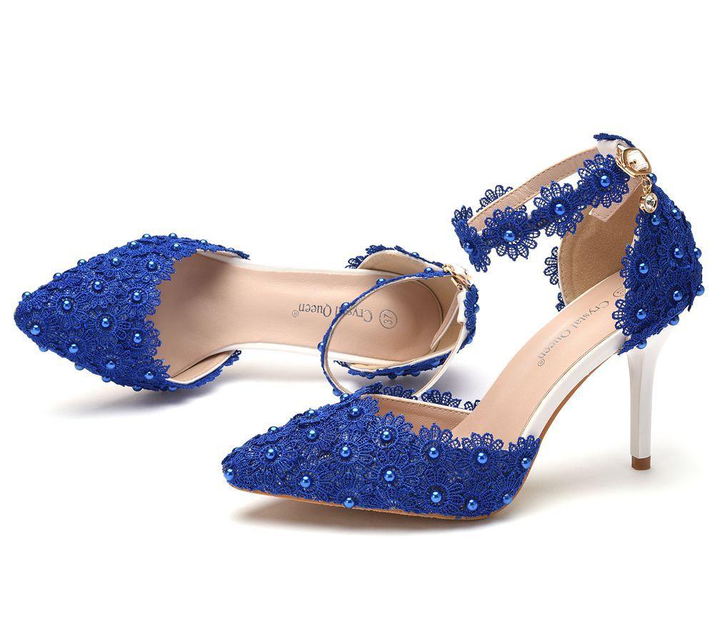 Women's flower lace imitation pearl décor ankle strap wedding heels sandals