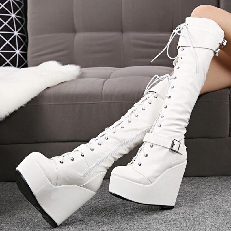 Women chunky platform wedge heels knee high boots lace-up wedge boots