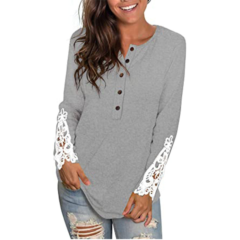 Women Crew Neck Buttons White Floral Long Sleeve Tops