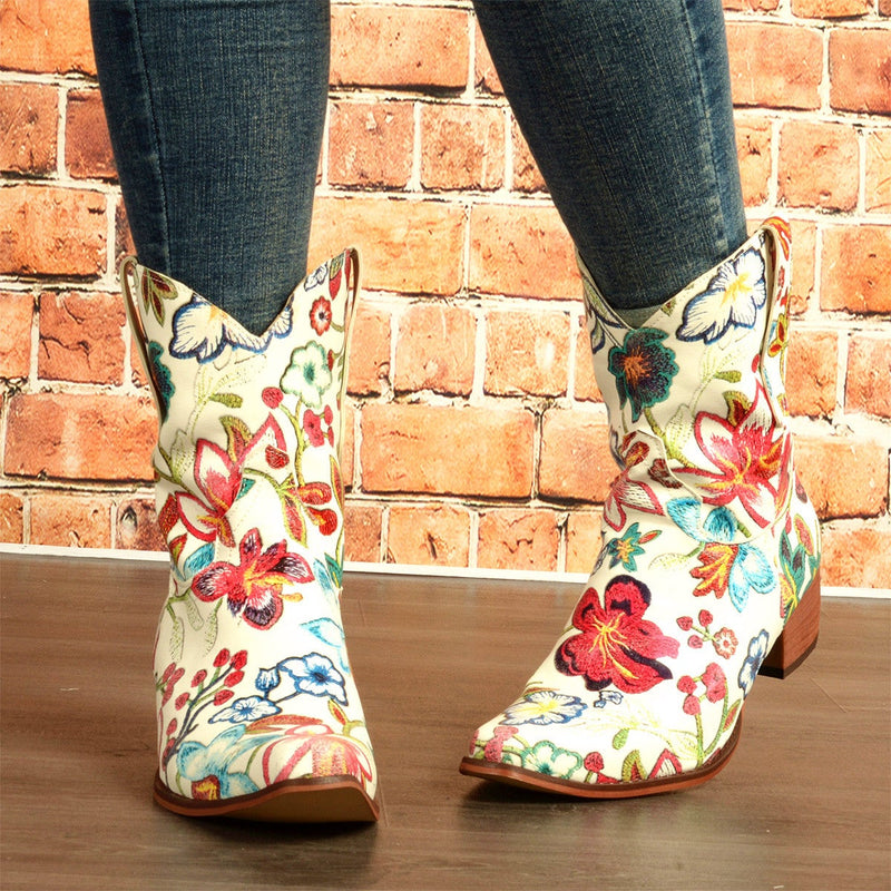 Women's vintage ethnic floral embroidery western boots | Pointed toe mid calf cowboy boots
