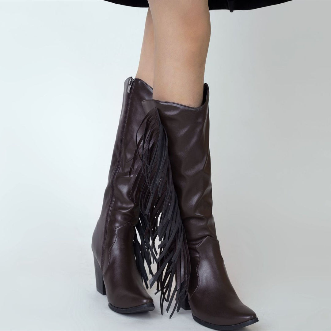 Women's fashion tassels mid calf boots pointed toe fringe boots