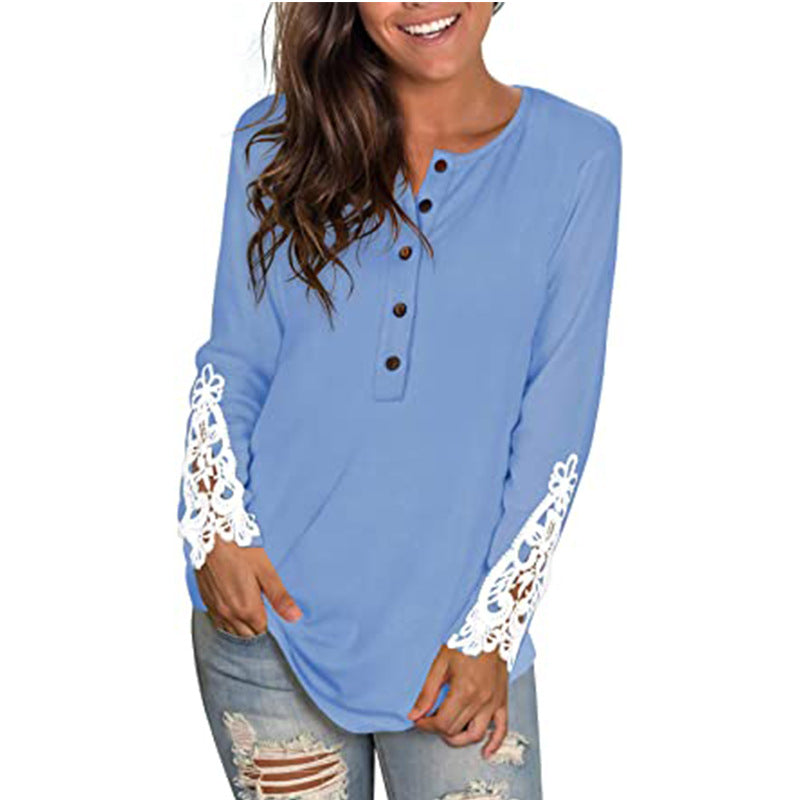 Women Crew Neck Buttons White Floral Long Sleeve Tops