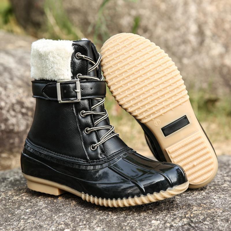 Women warm plush lining mid calf snow boots | Front lace duck boots