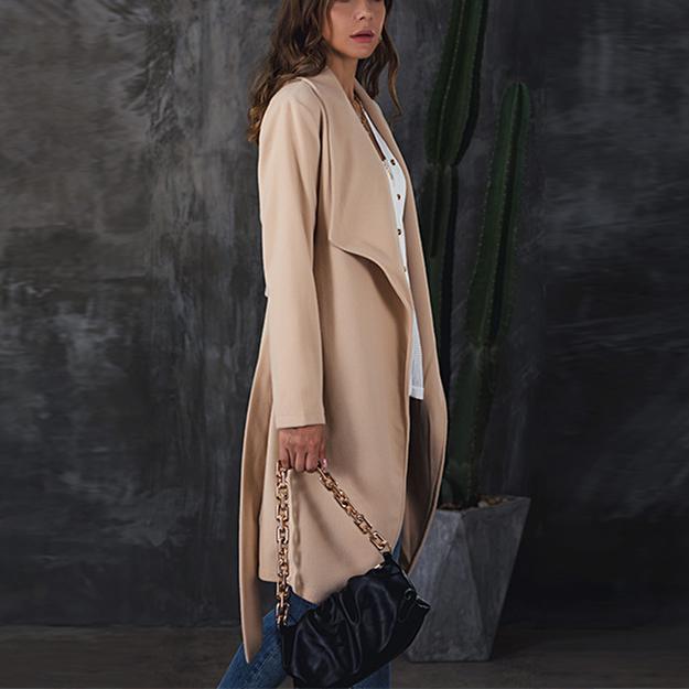 Women belted lapel warp trench coat mid-long winter lightweight coat