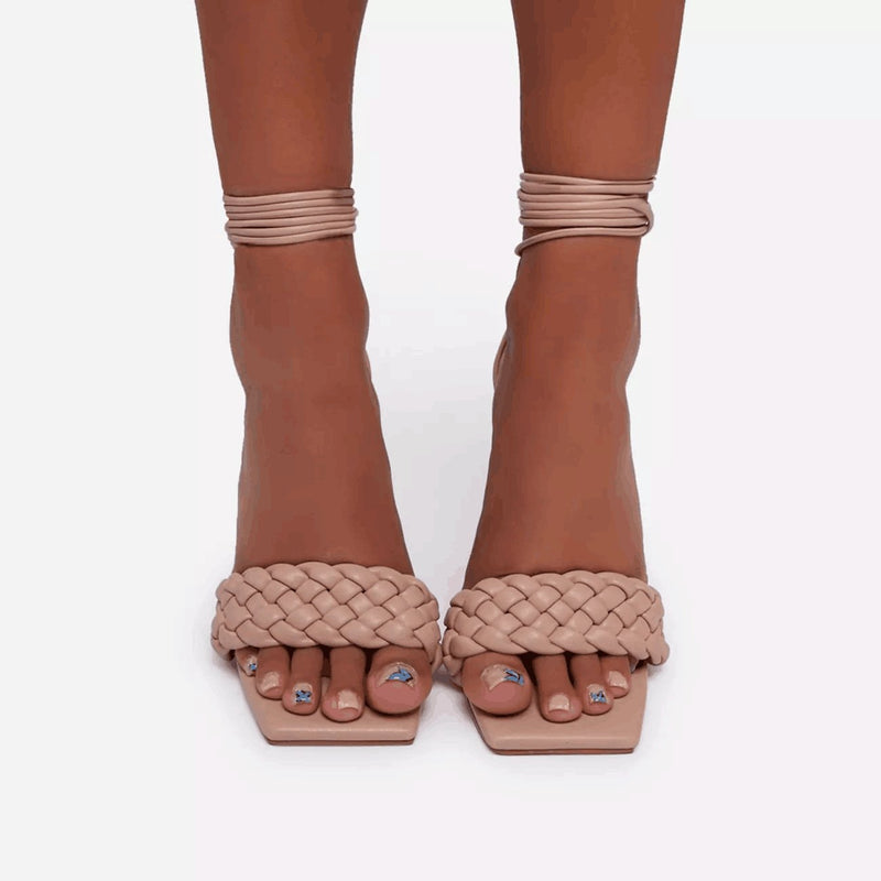Women's woven suqare peep toe lace-up high heels