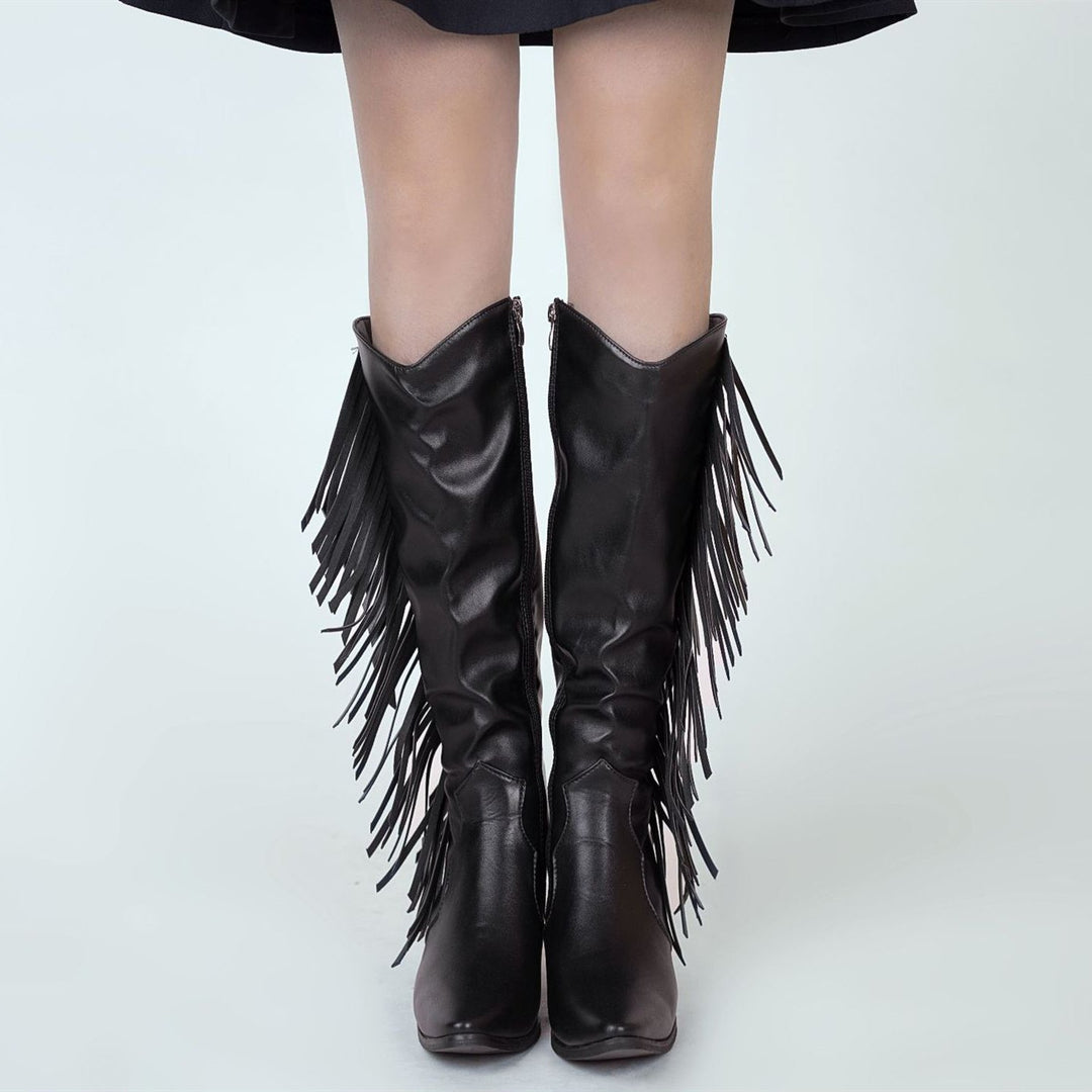 Women's fashion tassels mid calf boots pointed toe fringe boots