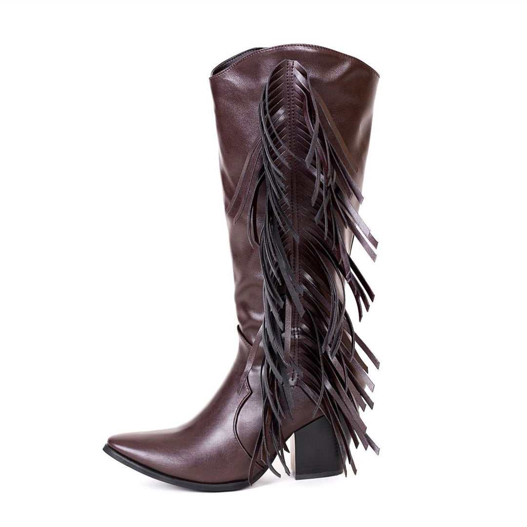 Women's fashion tassels mid calf boots pointed toe fringe boots