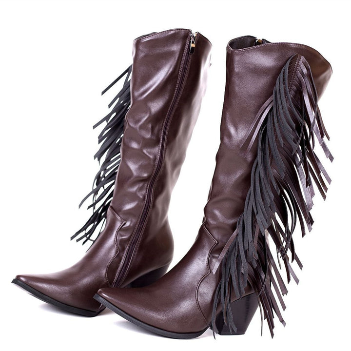 Women's fashion tassels mid calf boots pointed toe fringe boots