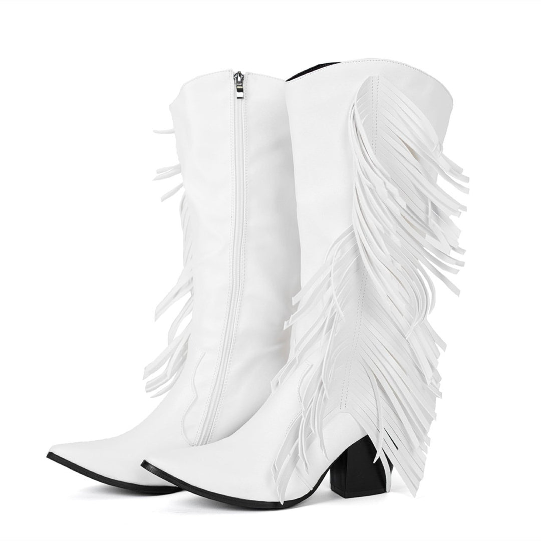 Women's fashion tassels mid calf boots pointed toe fringe boots