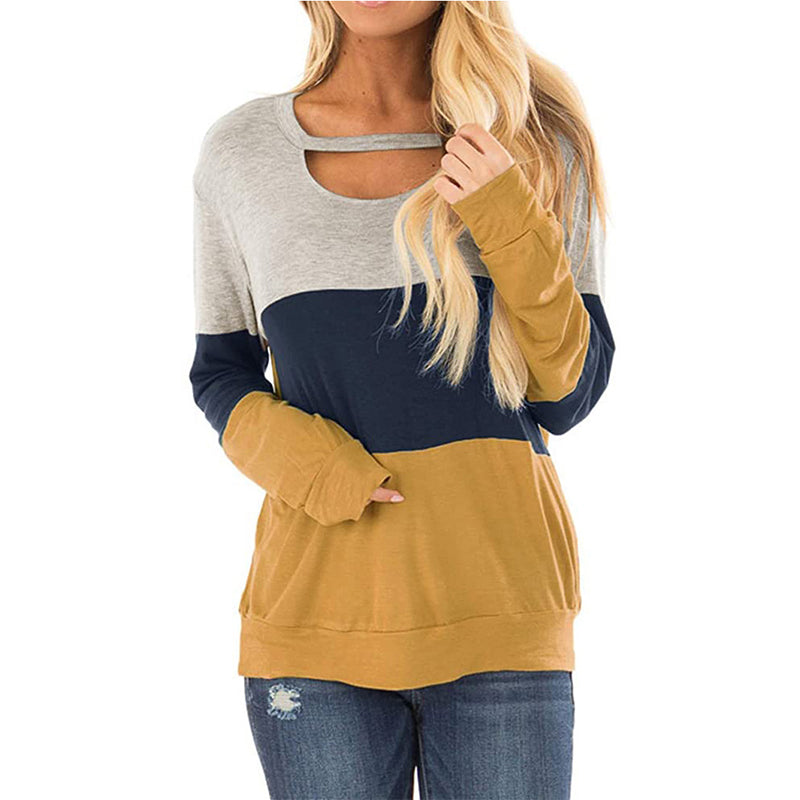 Color Block Crew Neck Long Sleeve Tunic Tops For Women