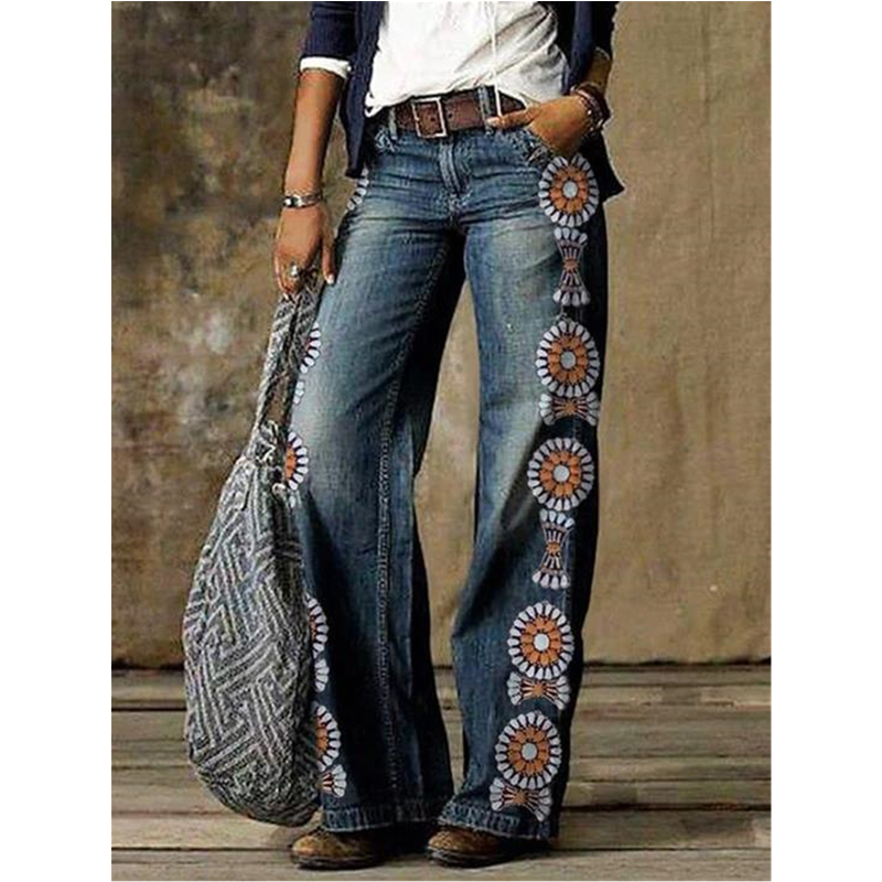 Women's vintage flower print wide leg jeans loose fit bootcut jeans