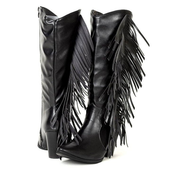 Women's fashion tassels mid calf boots pointed toe fringe boots