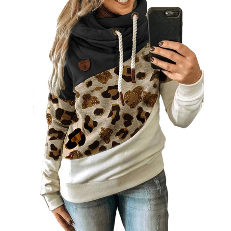 Women Cute Leopard Trendy Color Block Long Sleeve Hoodie Sweatshirt