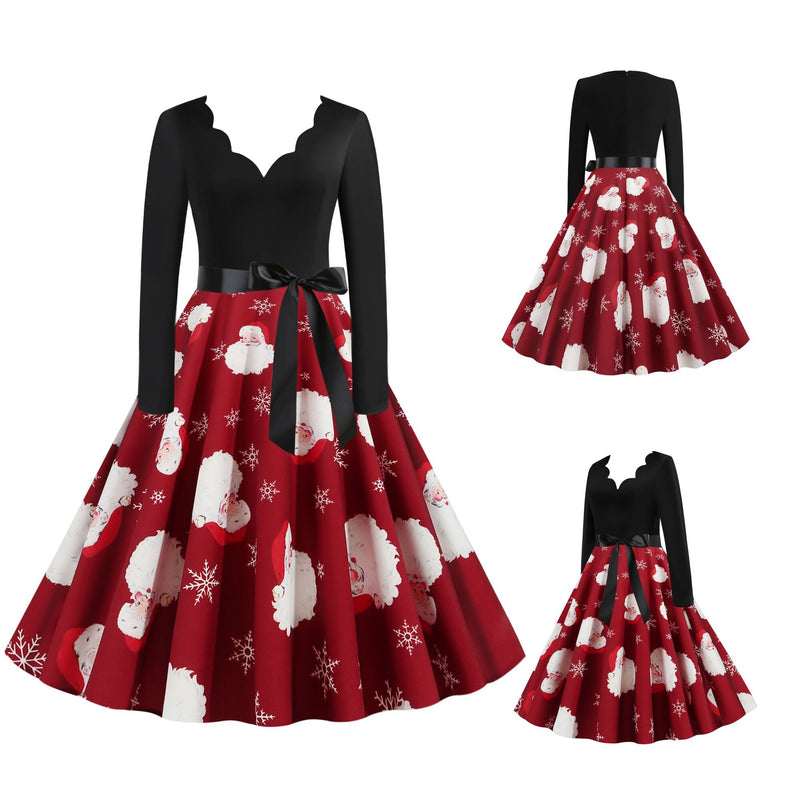 Women's big swing vintage print Chritstmas party dress A-line V-neck sexy new year party dress