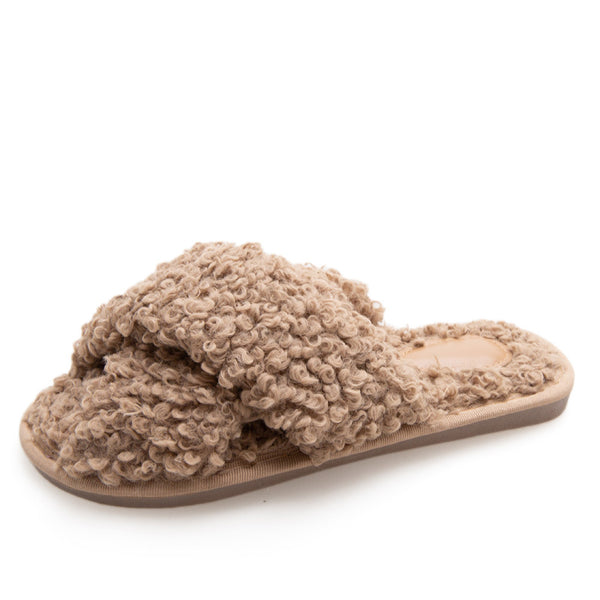 Women's curly furry slippers criss cross house shoes