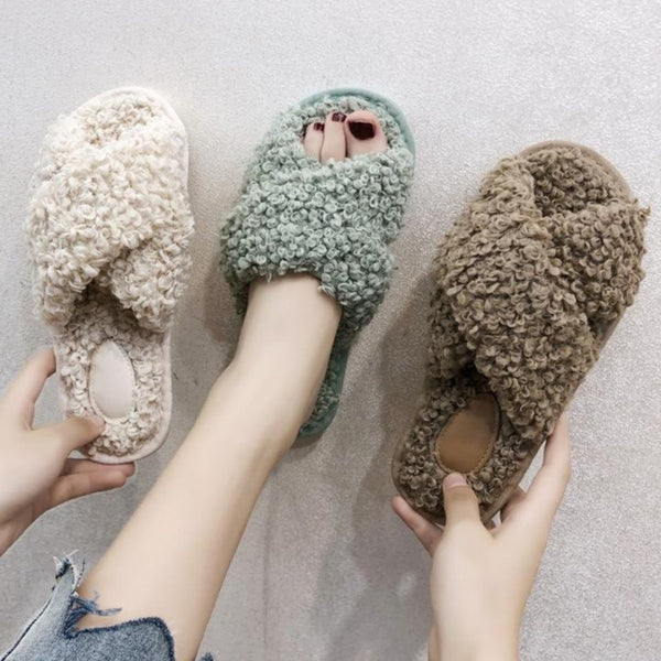 Women's curly furry slippers criss cross house shoes