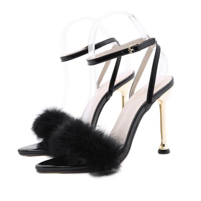 Women's pointed peep toe fuzzy ankle buckle strap high heels sandals