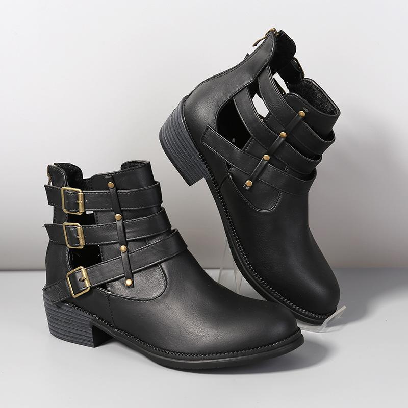 Women's buckle strap hollow booties chunky square heel ankle boots