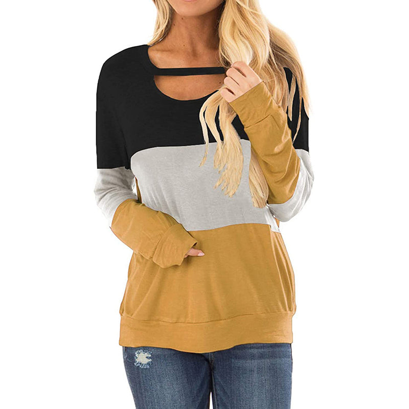 Color Block Crew Neck Long Sleeve Tunic Tops For Women