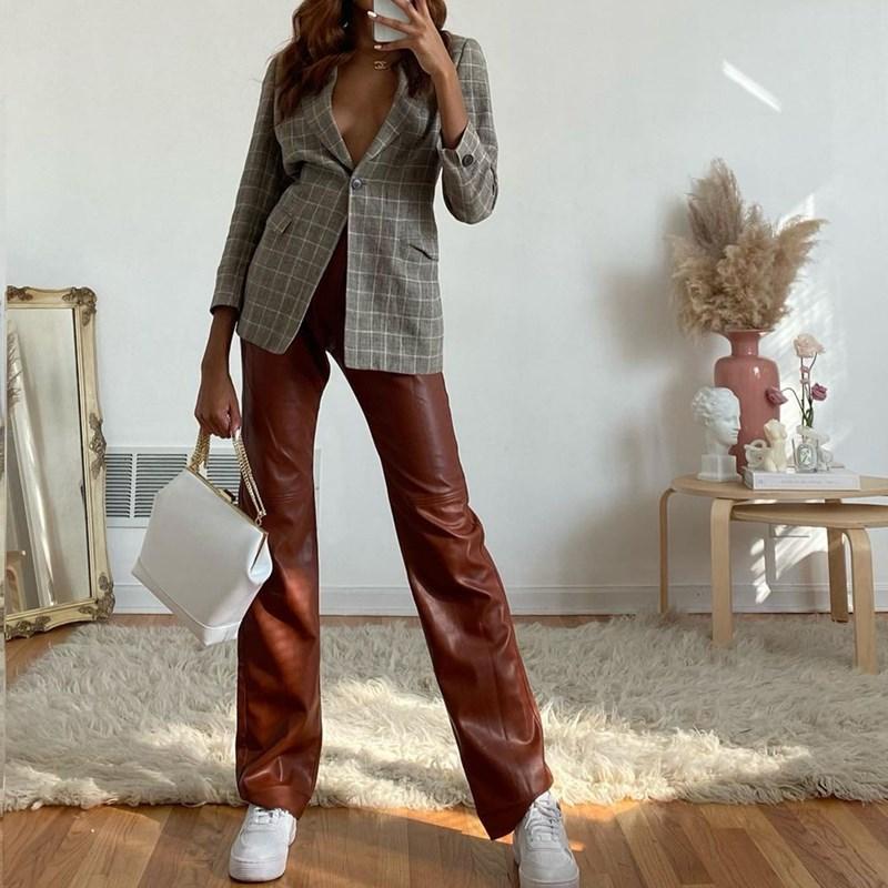 Women's fall/winter PU leather straight leg slim fit pants with pocket