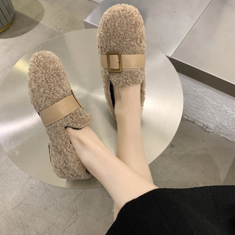 Women's warm lining slip on loafers winter keep warm cotton flat buckle strap shoes