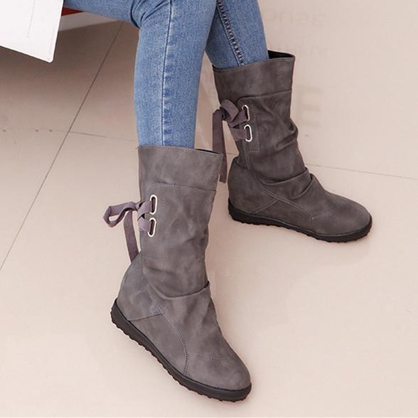 Back tie-up mid calf boots inner increasing mid calf boots
