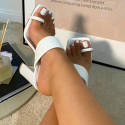 Women's ring toe chunky high heel slides square toe