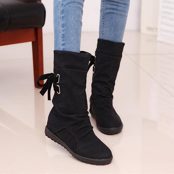 Back tie-up mid calf boots inner increasing mid calf boots