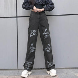 Women's butterfly print high waist jeans straight wide leg jeans for spring/summer