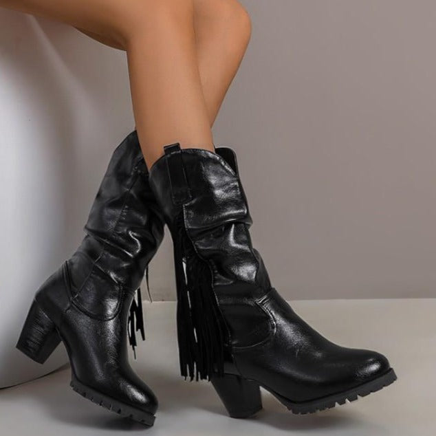 Women's mid calf fringe boots chunky block heel boots