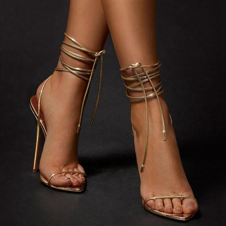 Women's gold peep toe ankle tie-up stiletto high heels