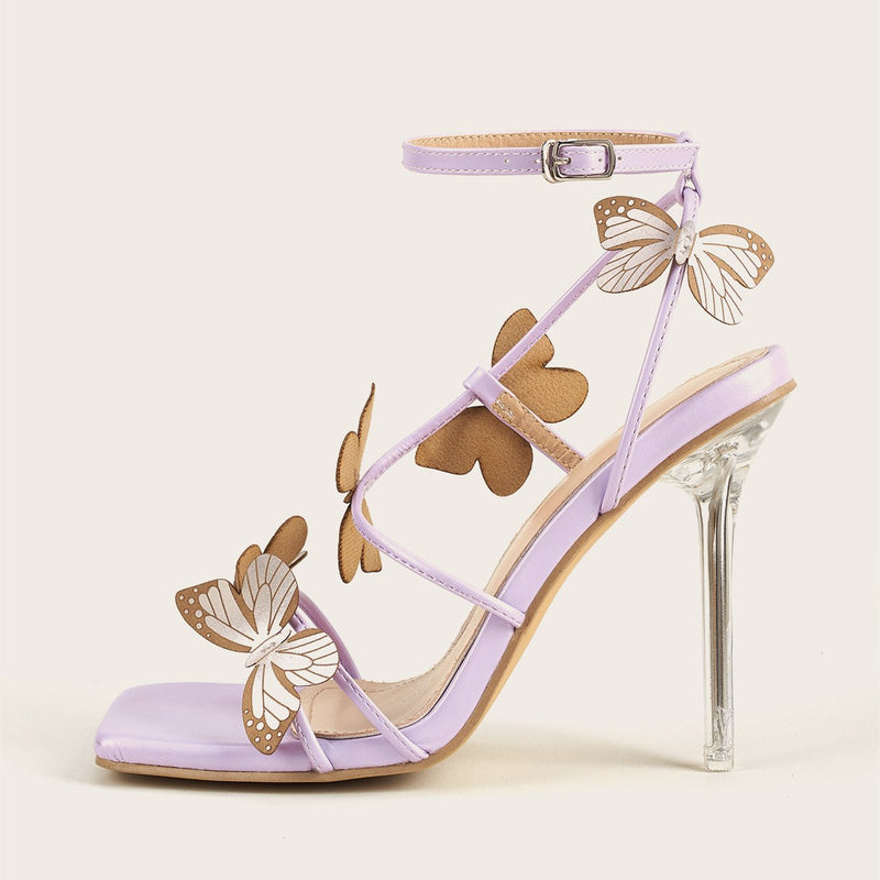 Women's butterfly decor peep toe stiletto heels sandals purple strappy dress shoes