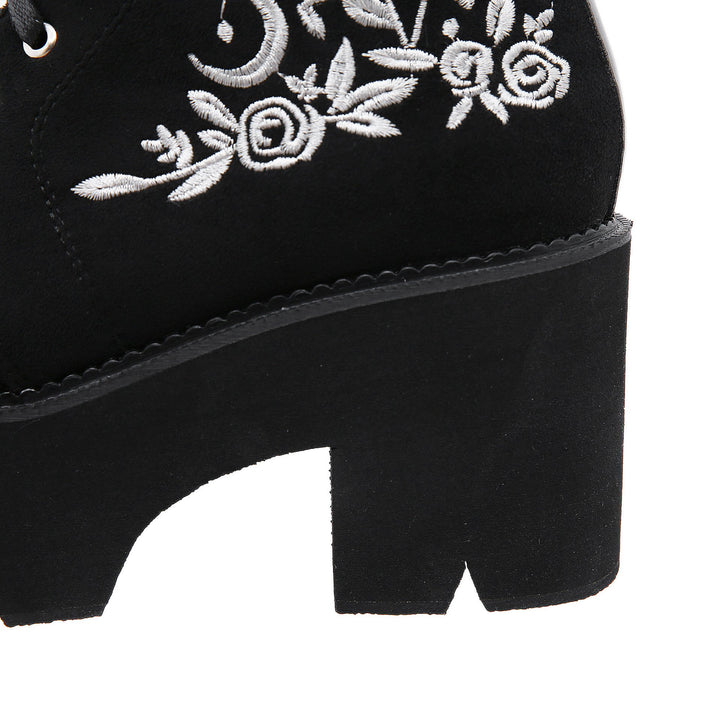 Fashion floral embroidery black front-lace chunky platform short booties