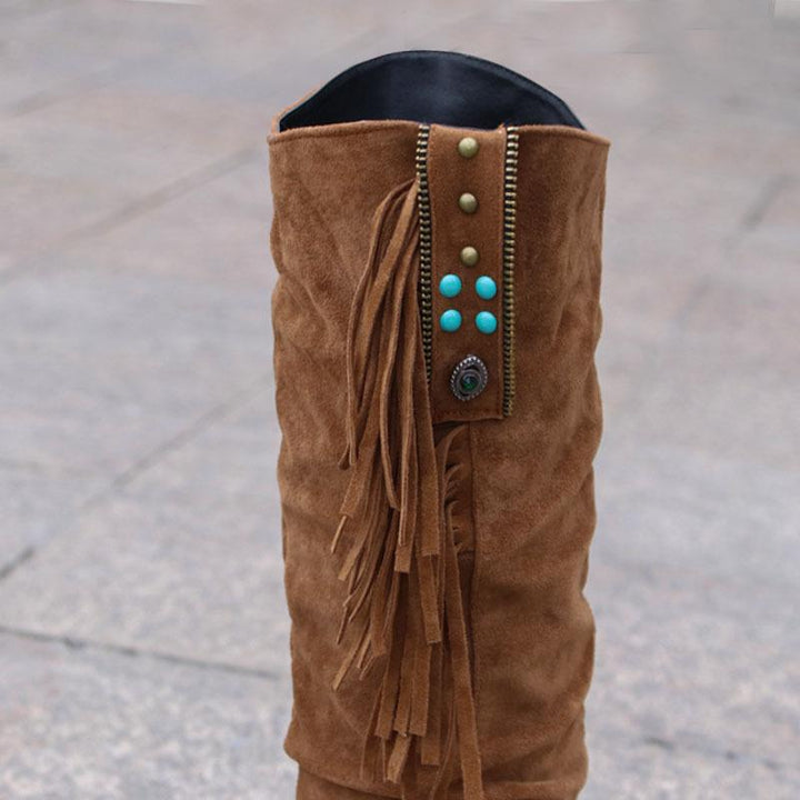 Women's ethnic faux suede tassels knee high boots