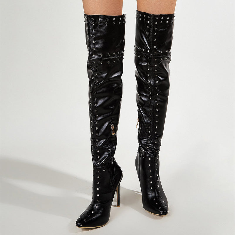 Women black sexy studded stiletto high heel thigh high boots for party club
