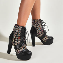 Women black tweed knit patchwork chunky high heel front-lace combat boots