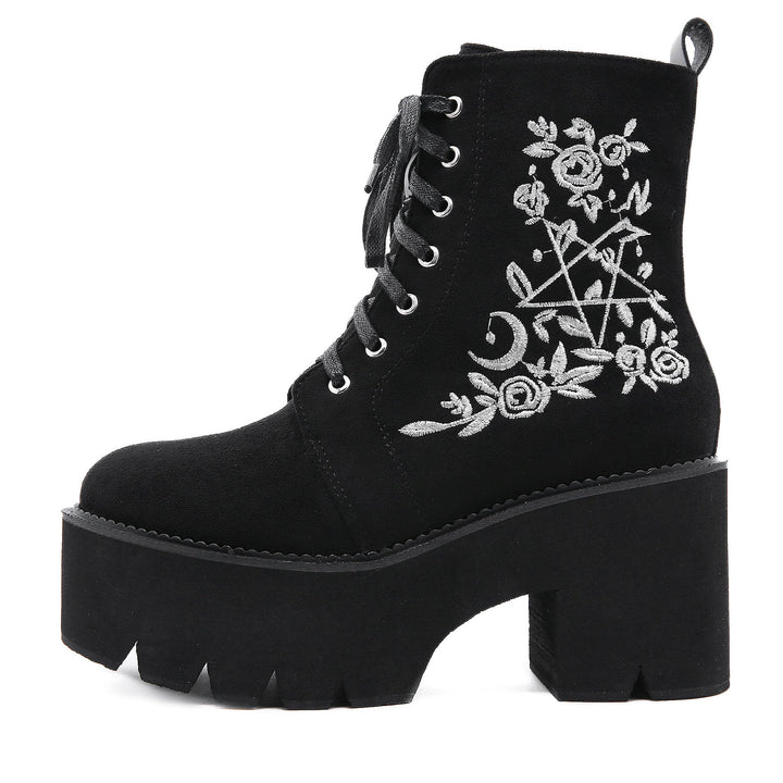 Fashion floral embroidery black front-lace chunky platform short booties