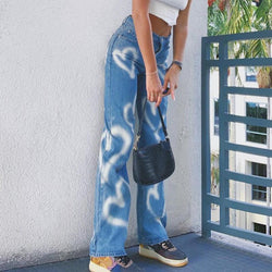 Women's fashion heart print straight leg high waist streetwear jeans