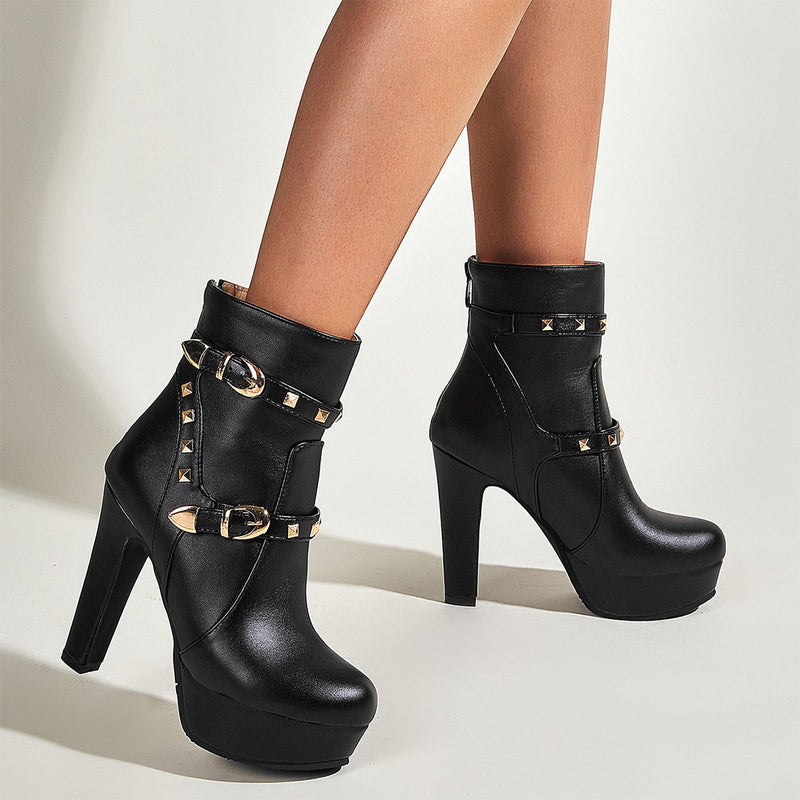 Women black rivets strap steampunk chunky high heel ankle booties