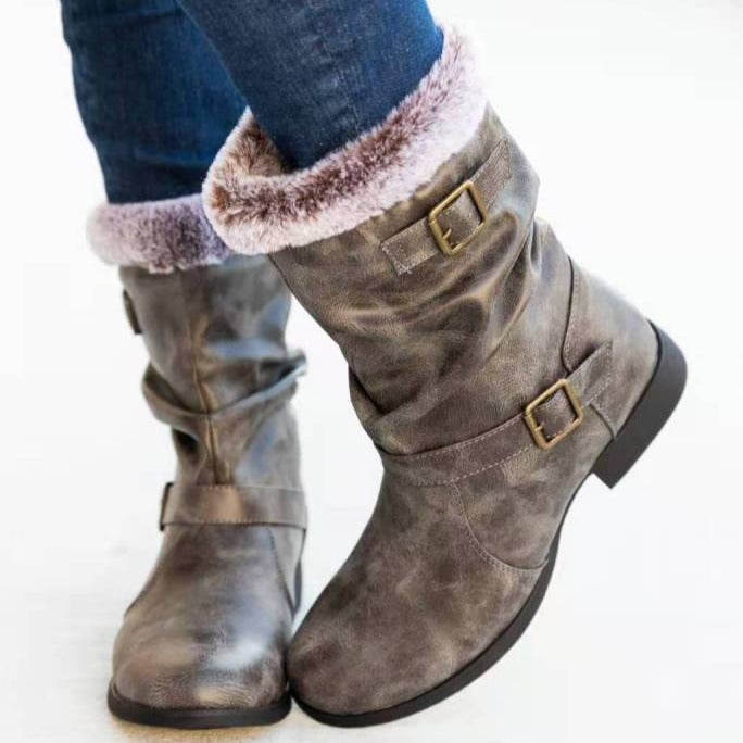 Women's sweater cuff cotton lining snow boots low heel mid calf winter boots