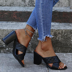 Women's peep toe criss cross block heel slide sandals