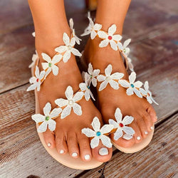 Women's ring toe white flower strappy wedding sandals