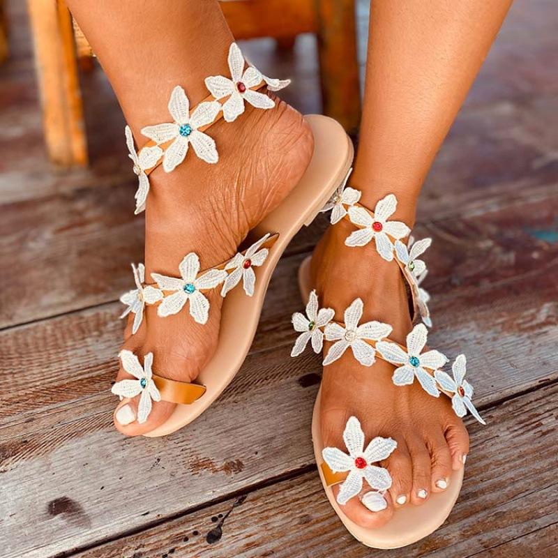 Women's ring toe white flower strappy wedding sandals